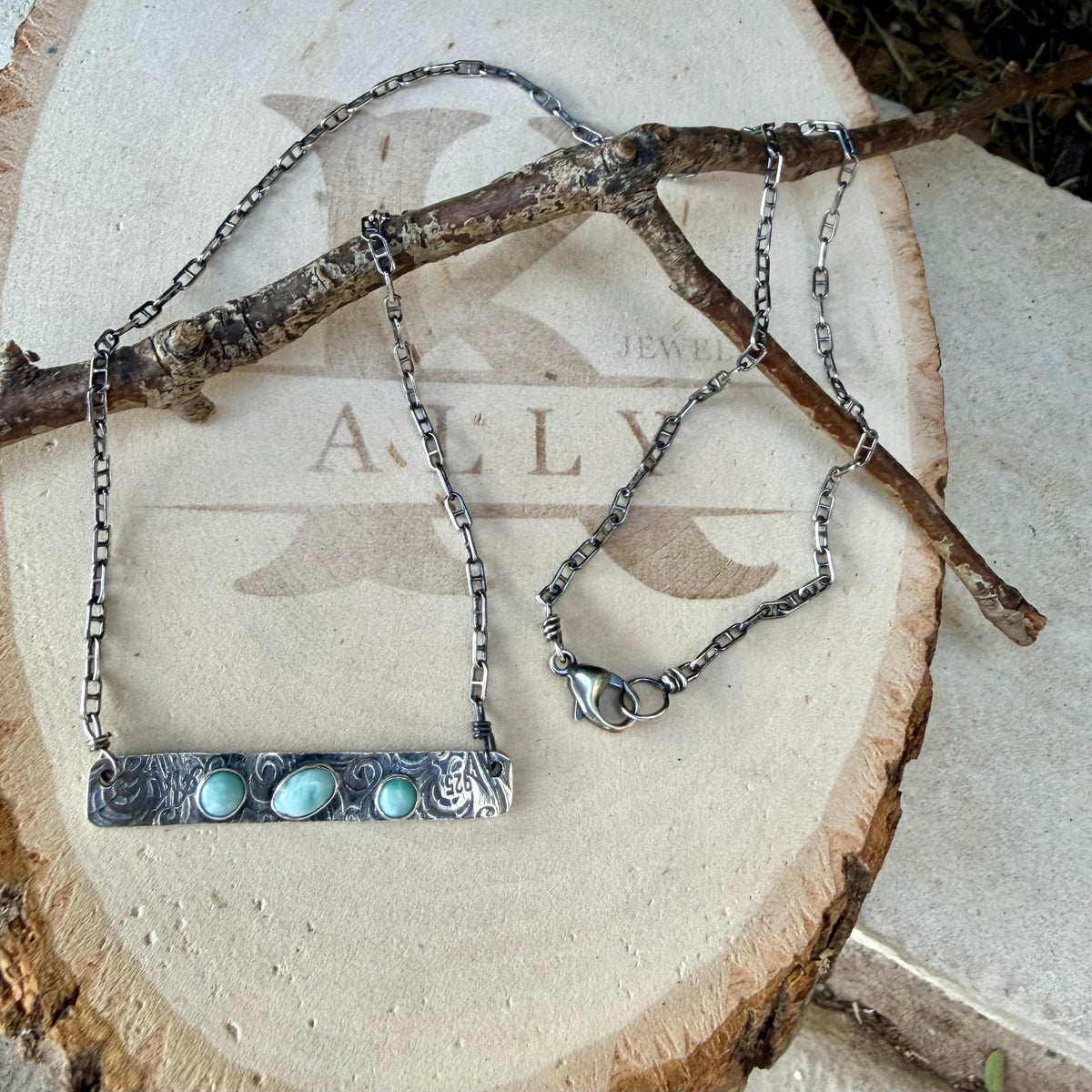 Larimar Bar Necklace • Sterling Silver Pendant • Paisley Southwestern Jewelry
