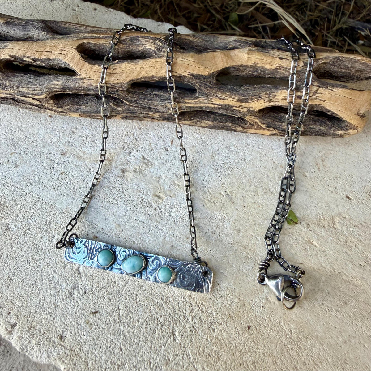 Larimar Bar Necklace • Sterling Silver Pendant • Paisley Southwestern Jewelry