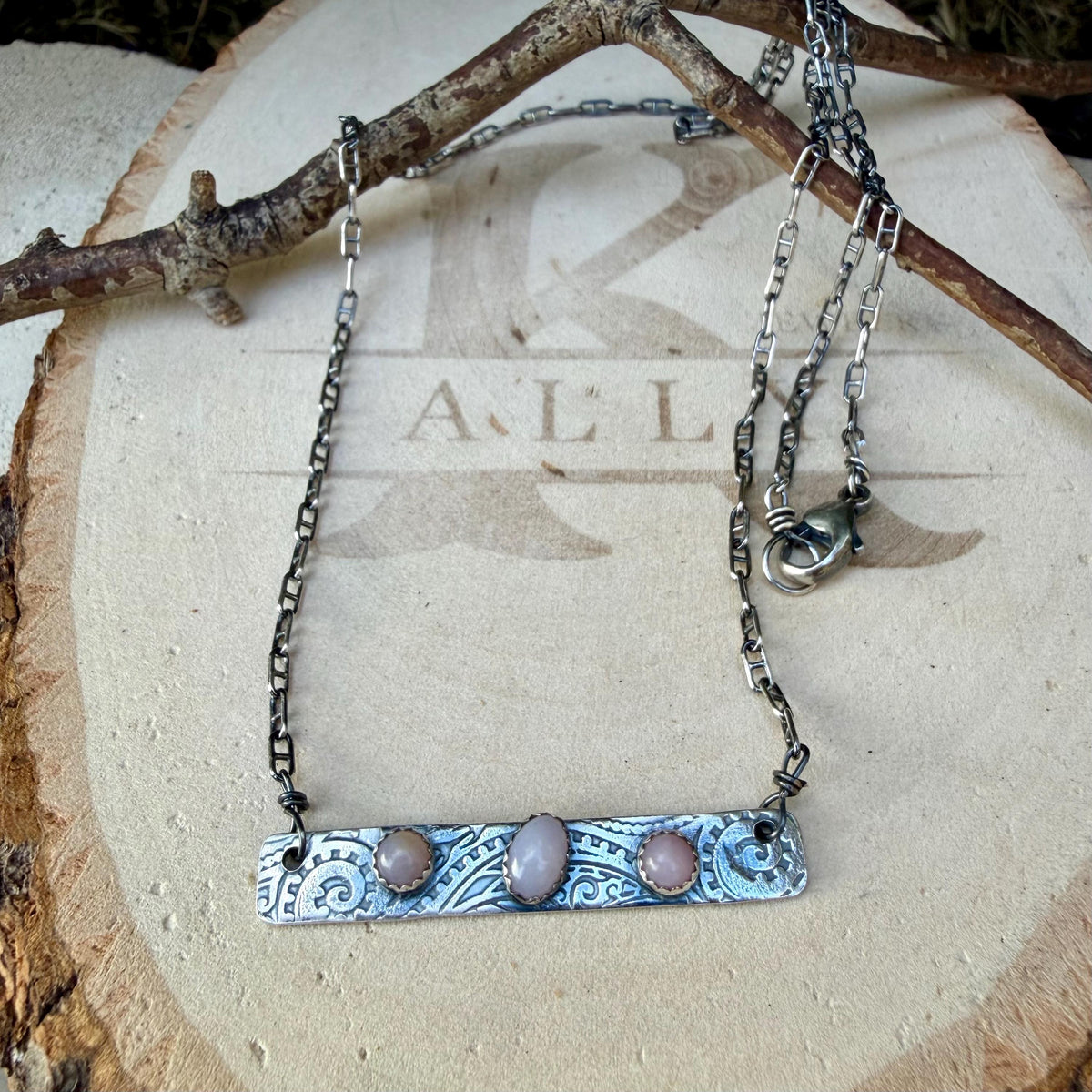 Pink Opal Bar Necklace • Sterling Silver Pendant • Paisley Southwestern Jewelry