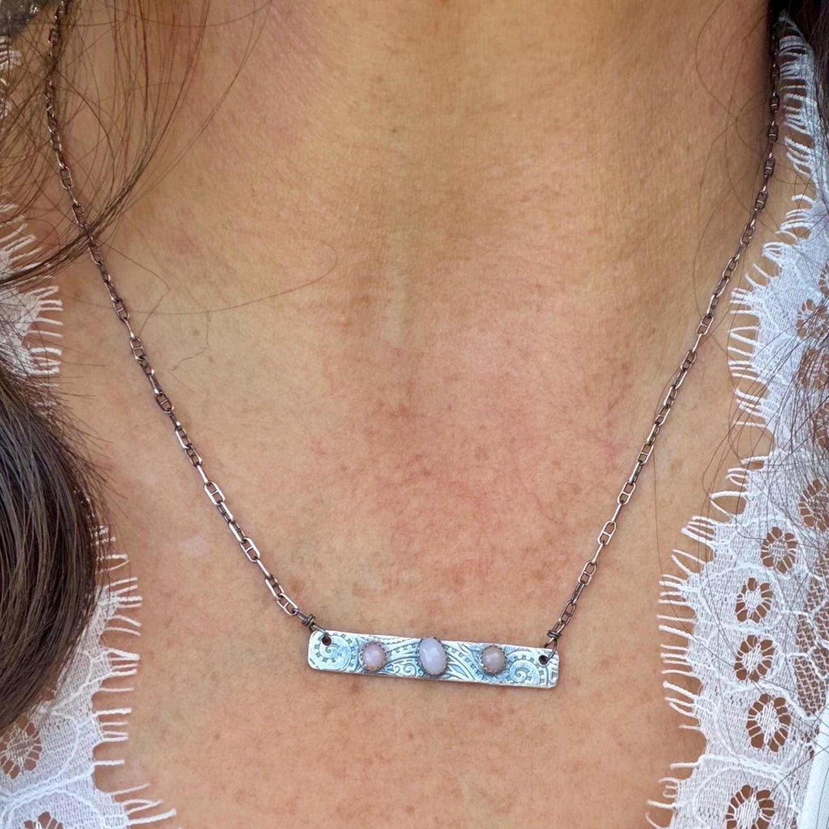 Pink Opal Bar Necklace • Sterling Silver Pendant • Paisley Southwestern Jewelry