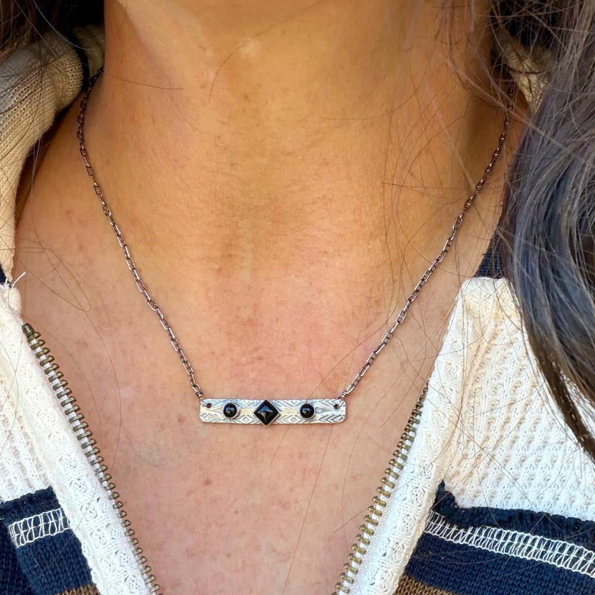 Black Onyx Bar Necklace • Sterling Silver Pendant • Rustic Southwestern Jewelry