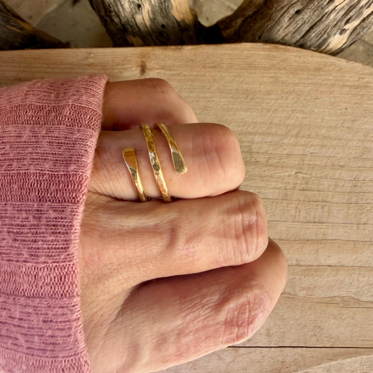 Brass Double Coil Ring • Hand‑Forged Bypass Band • Minimalist Gold‑Tone Jewelry