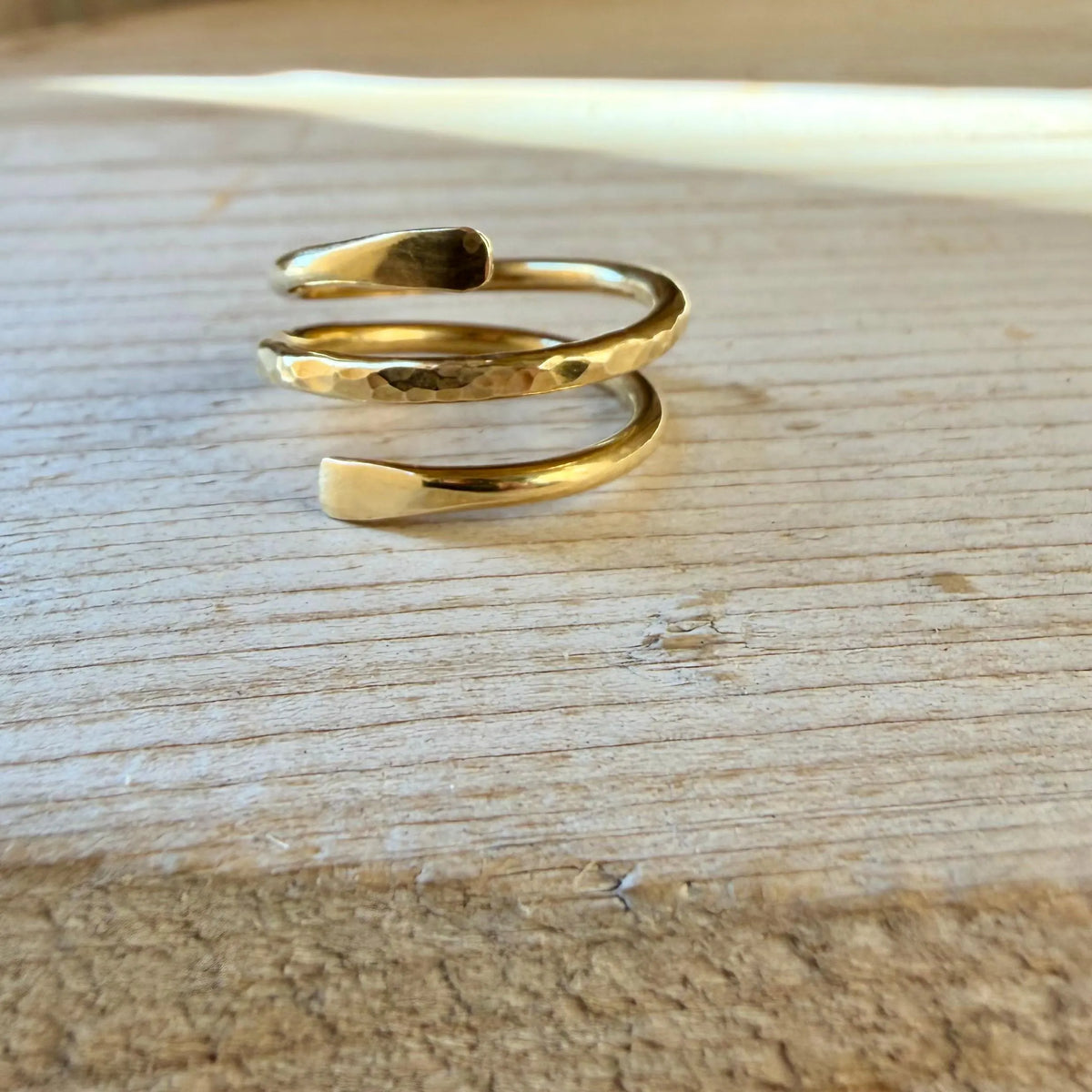 Brass Double Coil Ring • Hand‑Forged Bypass Band • Minimalist Gold‑Tone Jewelry