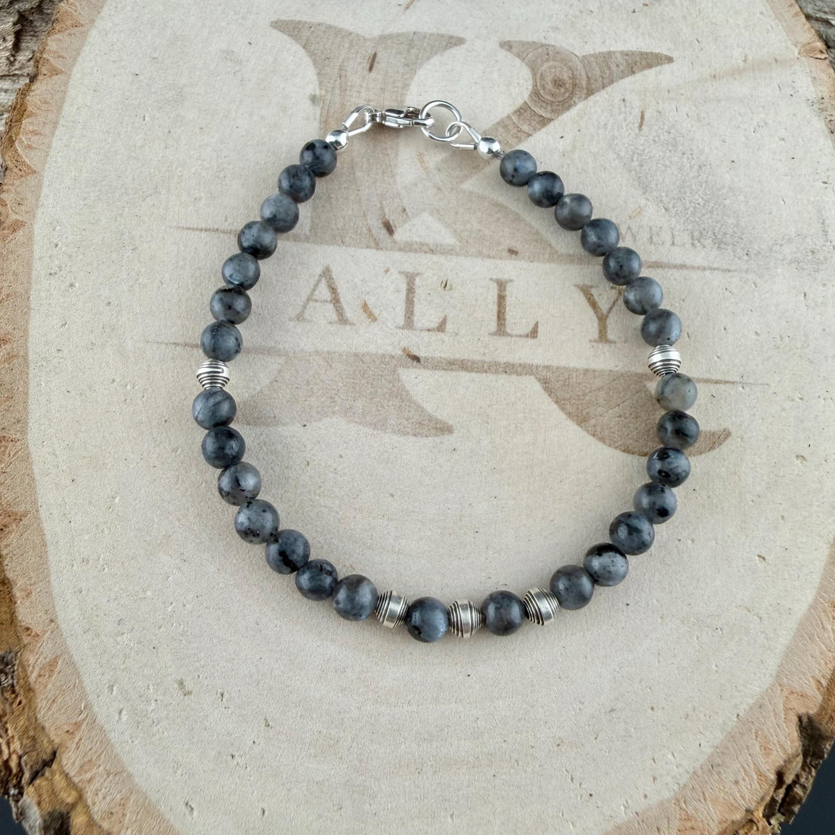 Larvikite Sterling Silver Bracelet • Black Labradorite Bracelet • Dainty Gemstone Jewelry • Stackable Beaded Bracelet