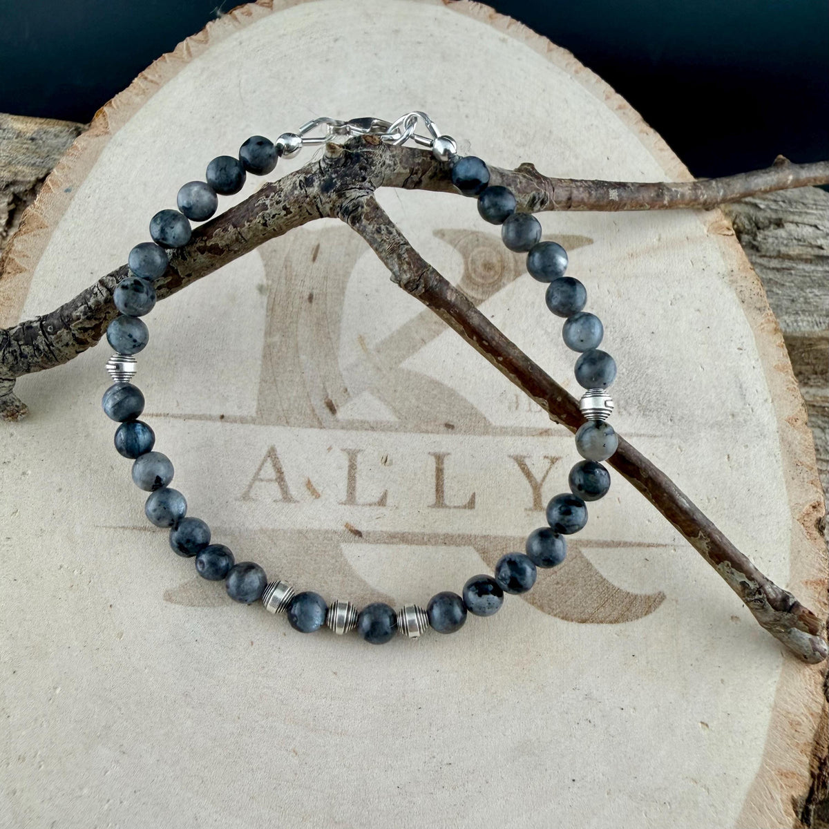 Larvikite Sterling Silver Bracelet • Black Labradorite Bracelet • Dainty Gemstone Jewelry • Stackable Beaded Bracelet