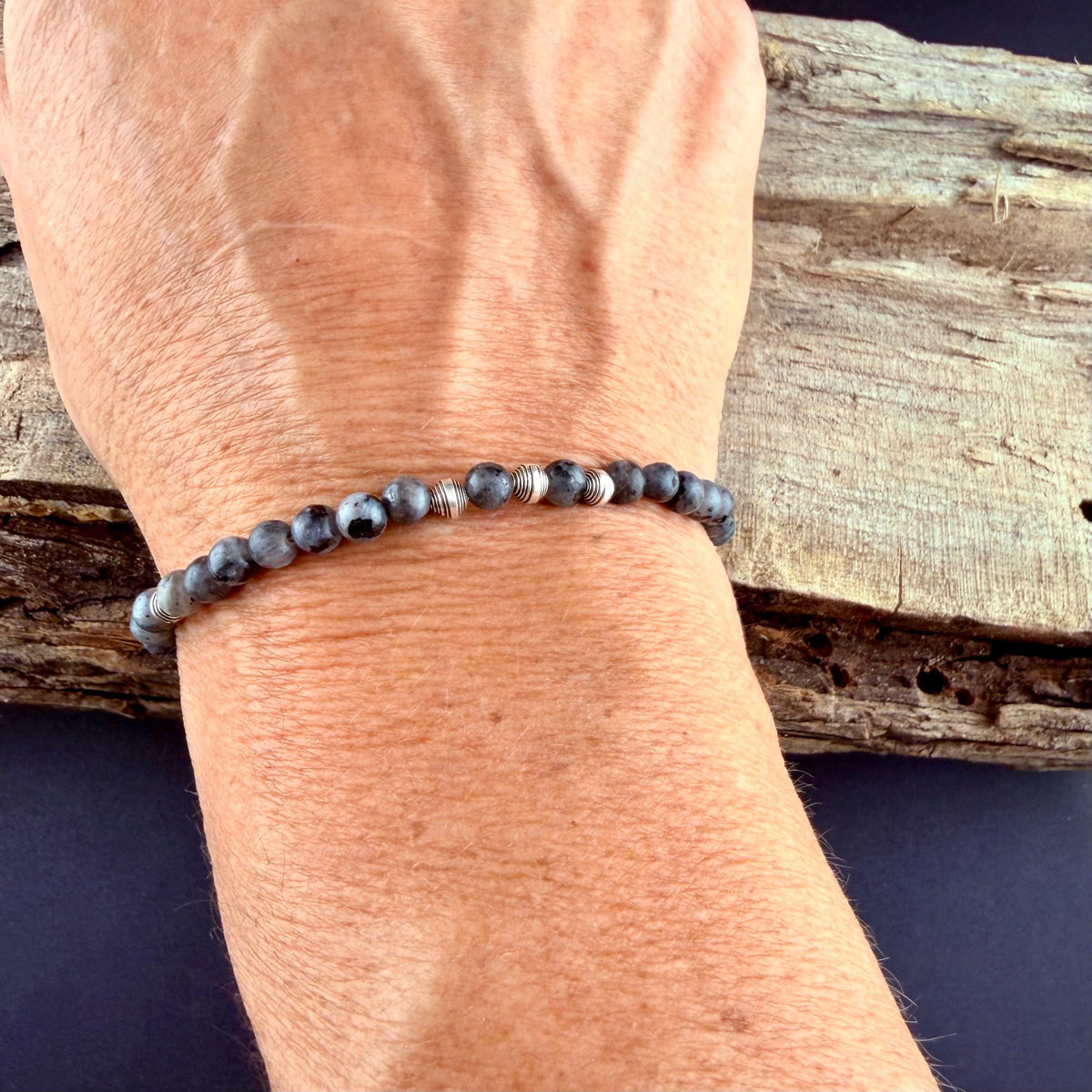 Larvikite Sterling Silver Bracelet • Black Labradorite Bracelet • Dainty Gemstone Jewelry • Stackable Beaded Bracelet