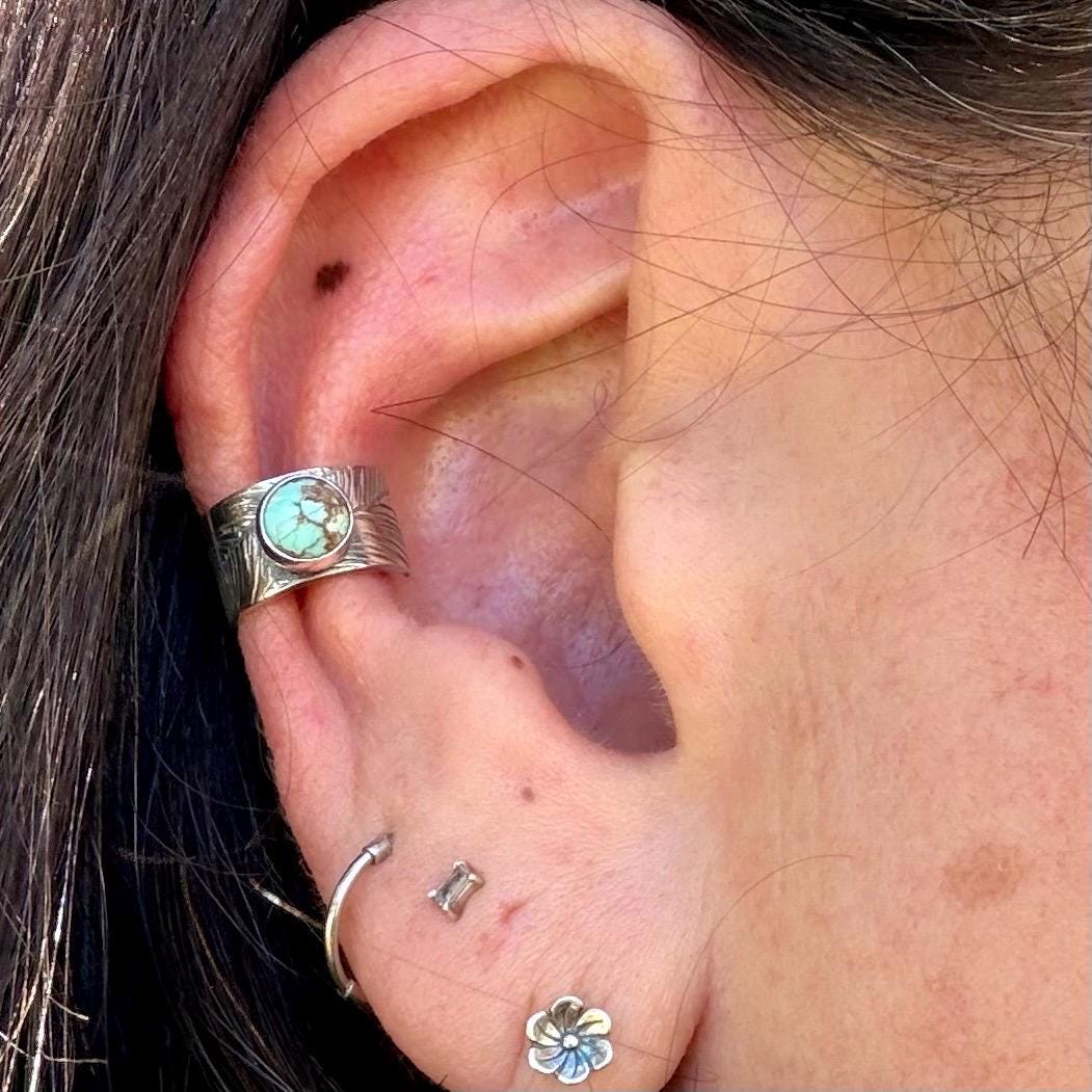 5mm Royston Turquoise Ear Cuff • Feather Sterling Silver Band • No Piercing Needed • Southwest Style
