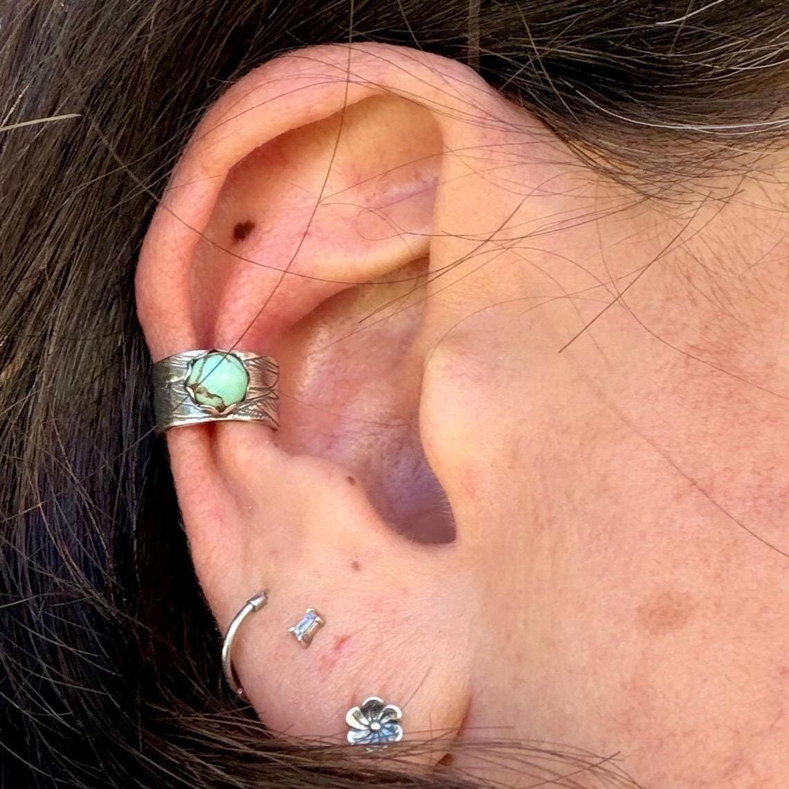 5mm Royston Turquoise Ear Cuff • Feather Sterling Silver Band • No Piercing Needed • Southwest Style
