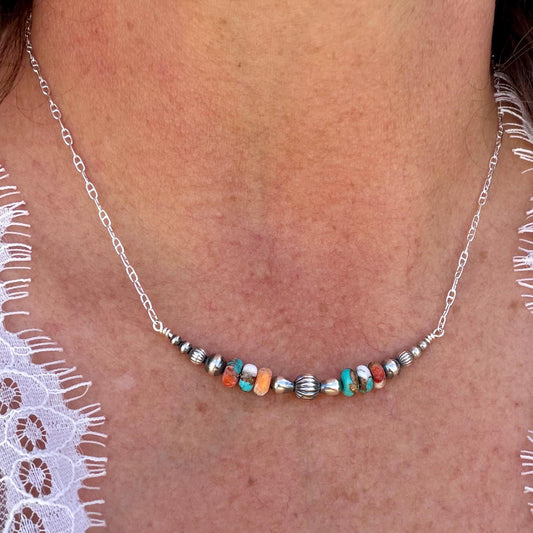 Spiny Oyster Turquoise Bar Necklace • Desert Pearls • Sterling Silver Southwest Necklace