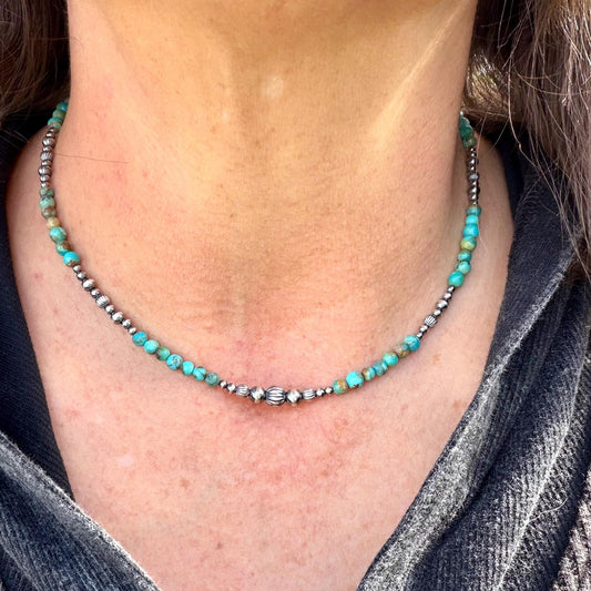 Kingman Turquoise Choker Necklace • Desert Pearls • Sterling Silver • Navajo Pearl Style