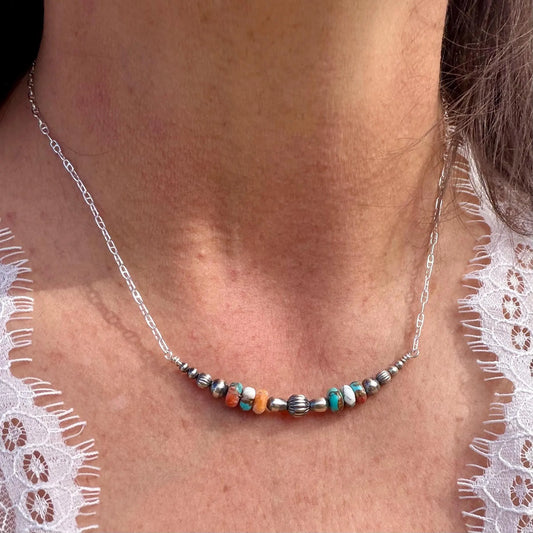 Spiny Oyster Turquoise Bar Necklace • Desert Pearls • Sterling Silver Southwest Necklace