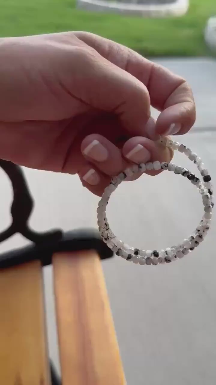 Rainbow Moonstone with Black Tourmaline Double Wrap Carbon Steel Memory Wire Bracelet, Gemstone Jewelry, Stretch Bracelet