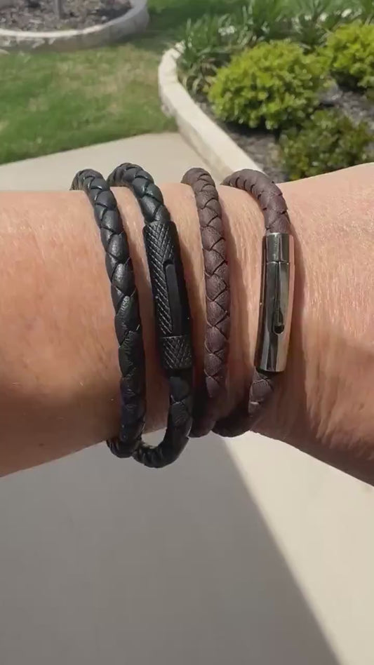 Braided leather wrap bracelet with bayonet closure/ double wrap genuine leather bracelet